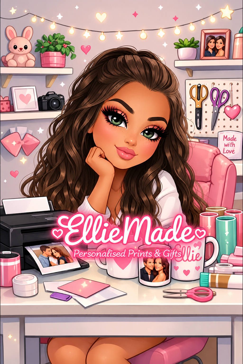 Ellie's original illustrated Elliemade branding artwork, showing Ellie in her creative studio